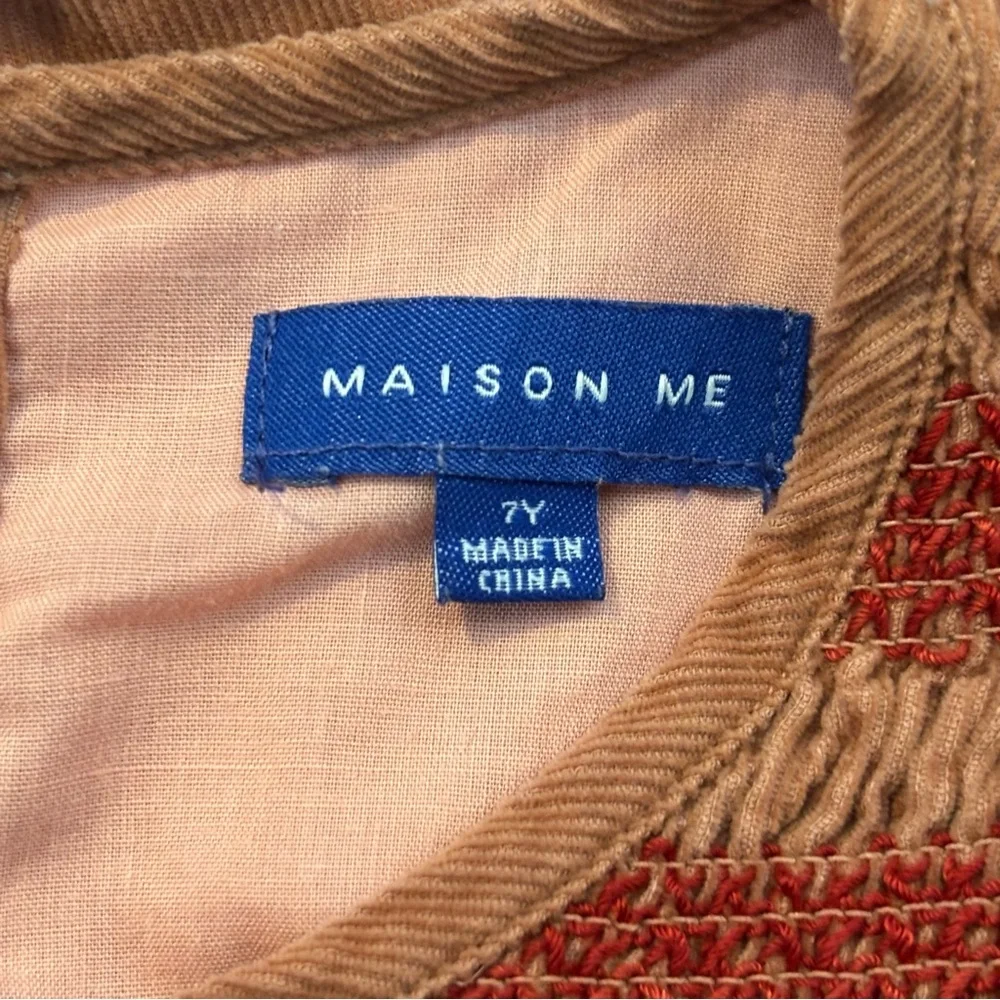 Maison Me Girls Dress Size 7 Rust Corduroy Smocked Long Sleeve Ruffle Cotton